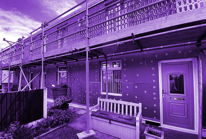 Maximising Energy Efficiency with Wall & Roof Insulation 1 External wall insulation being installed (purple)